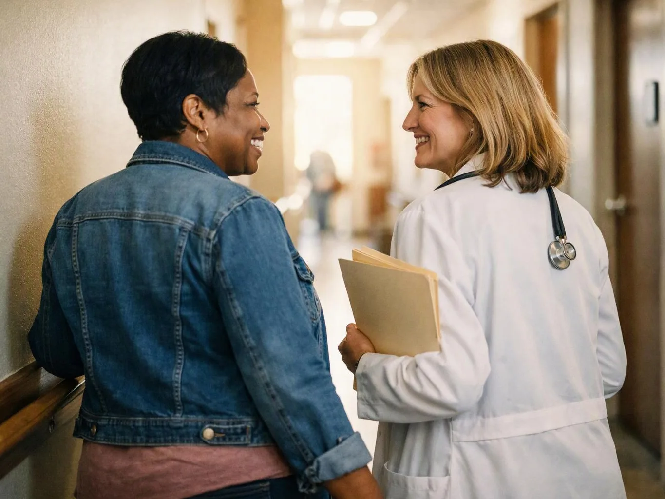 A doctor in a white coat smiles with a woman in a denim jacket in a hallway
