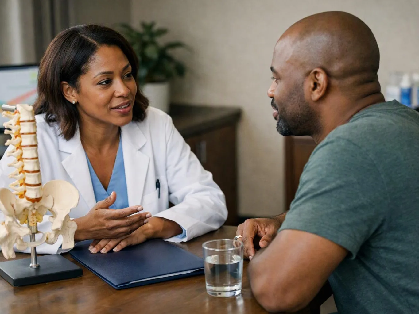 A doctor in a white coat speaks with a seated man across a desk, with a spine model beside them