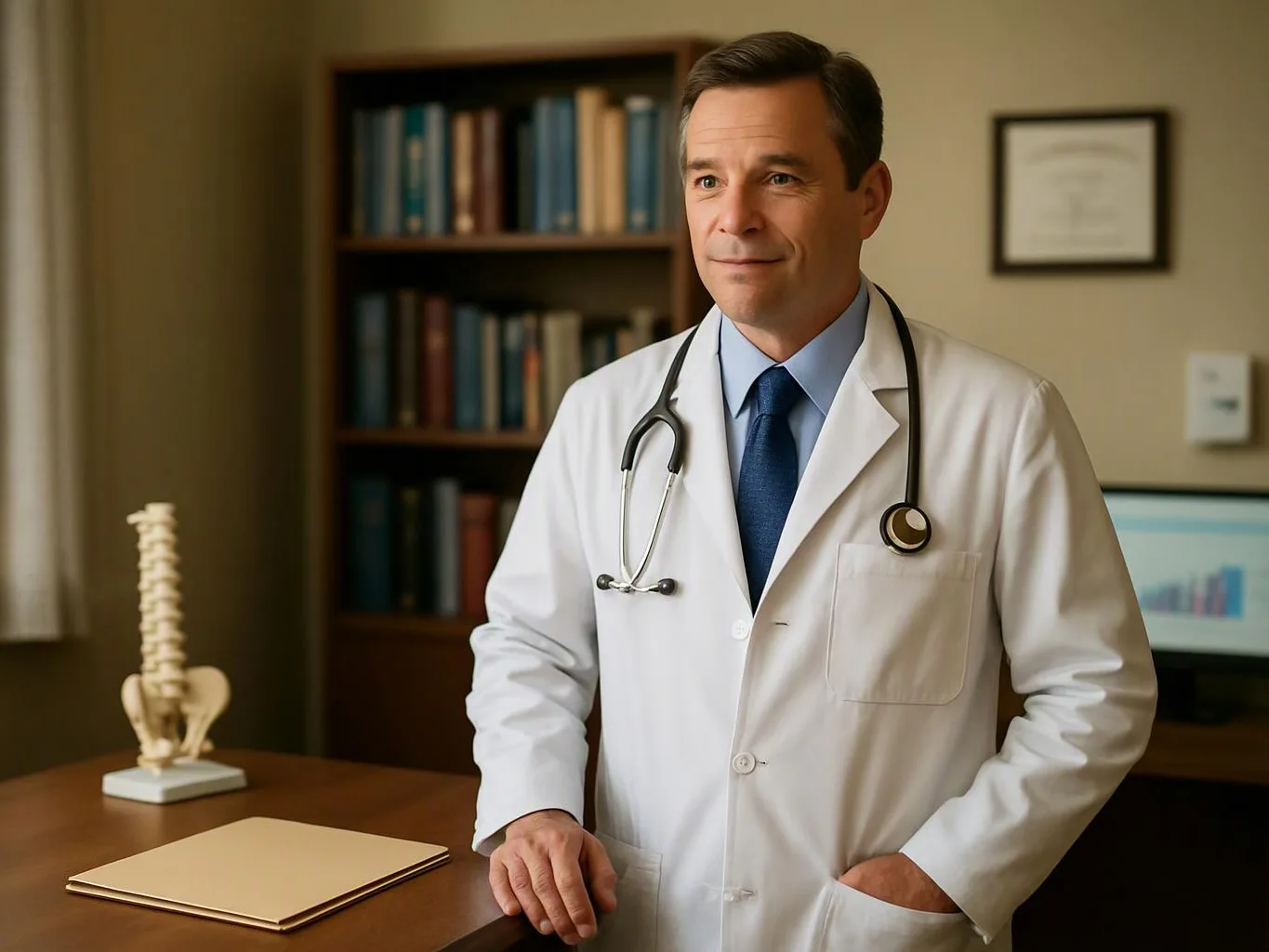 A doctor in a white coat stands beside a desk in a medical office, with bookshelves behind him