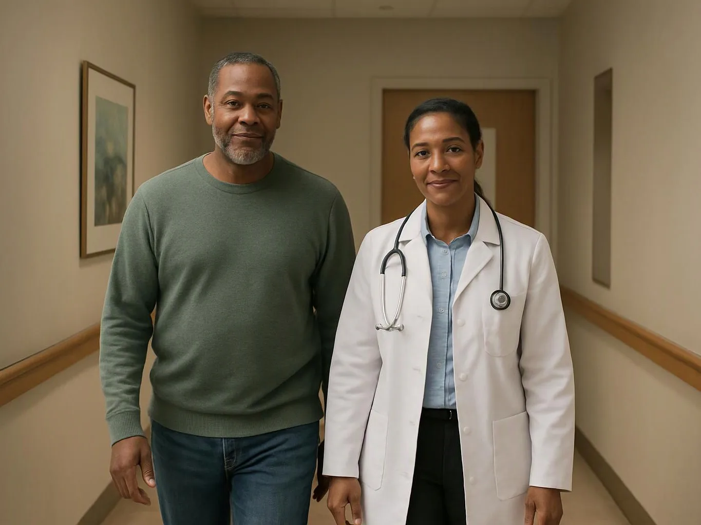 A doctor in a white coat stands beside a man in a hallway, both facing the camera