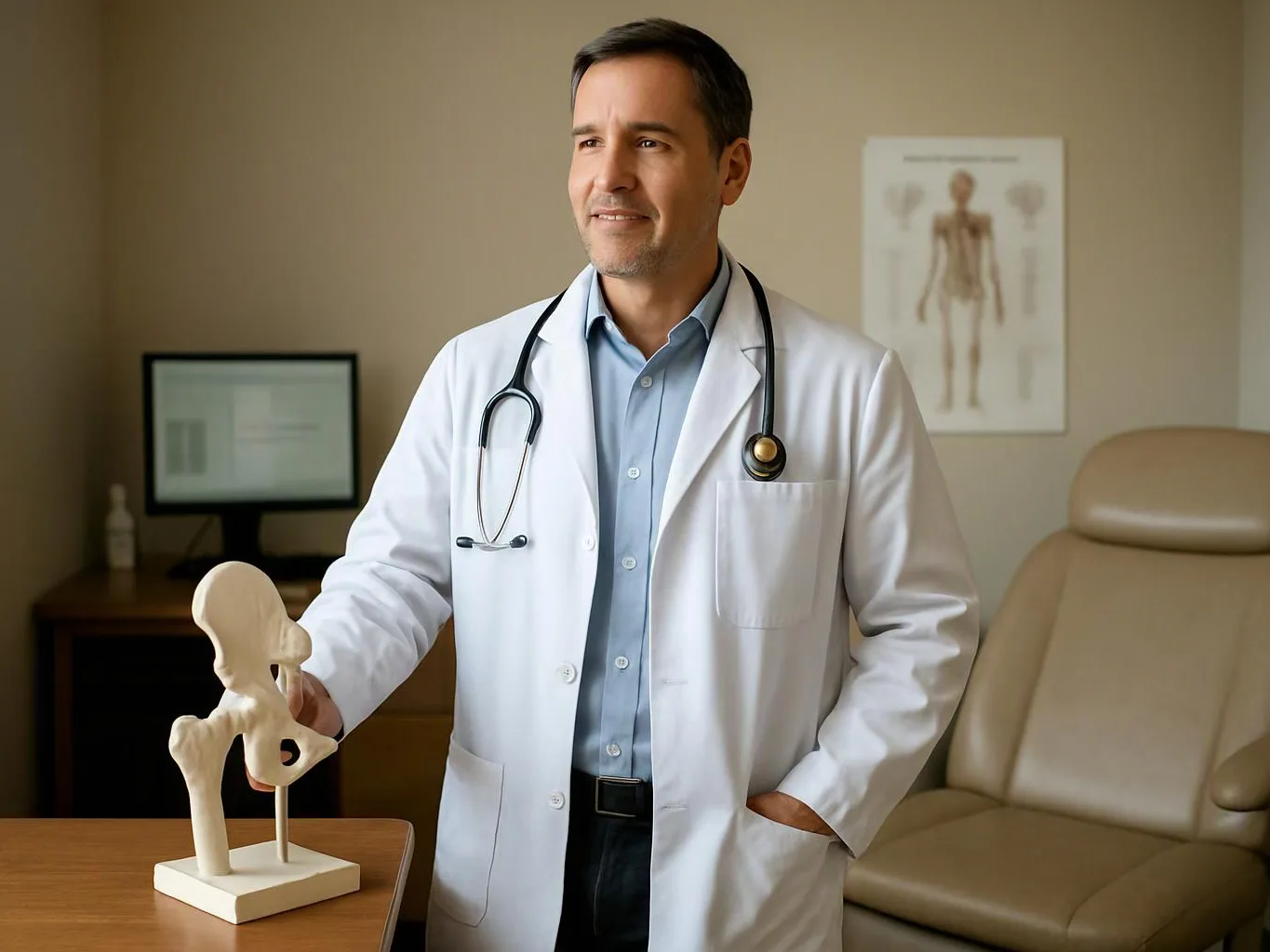 A doctor in a white coat stands beside a pelvis model in an exam room