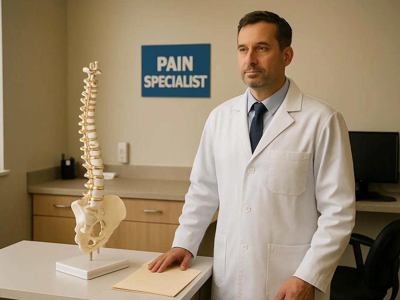 A doctor in a white coat stands beside a spine model in an exam room with a “PAIN SPECIALIST” sign