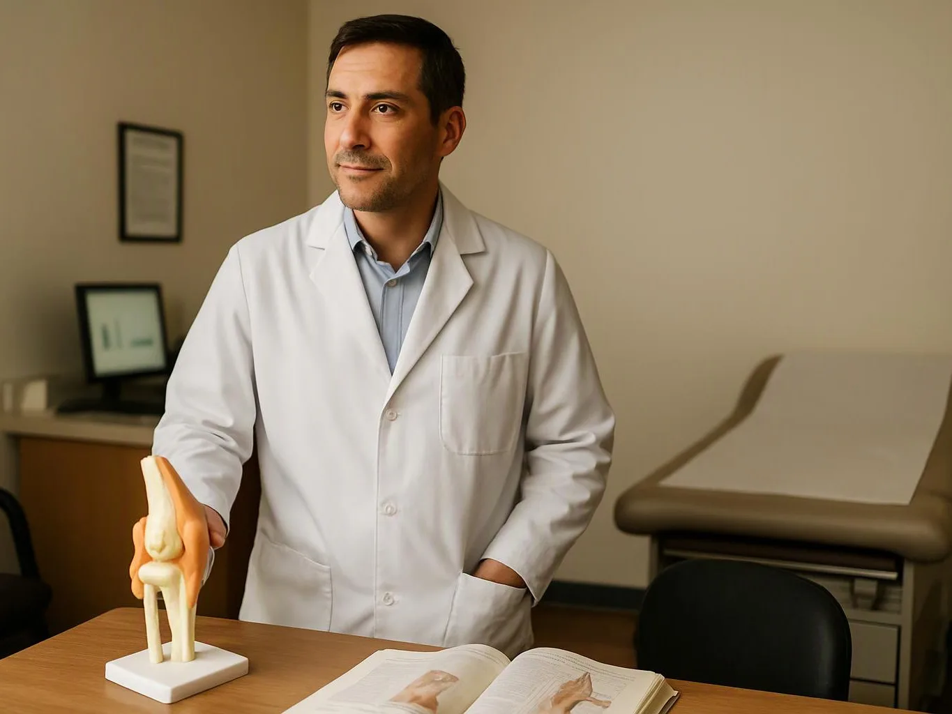 A doctor in a white coat stands by a desk with a knee model in a medical exam room