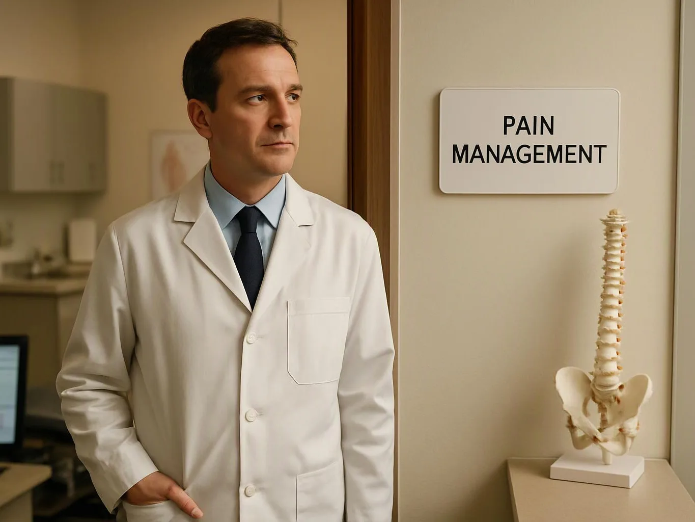 A doctor in a white coat stands by a door marked “PAIN MANAGEMENT” beside a spine model