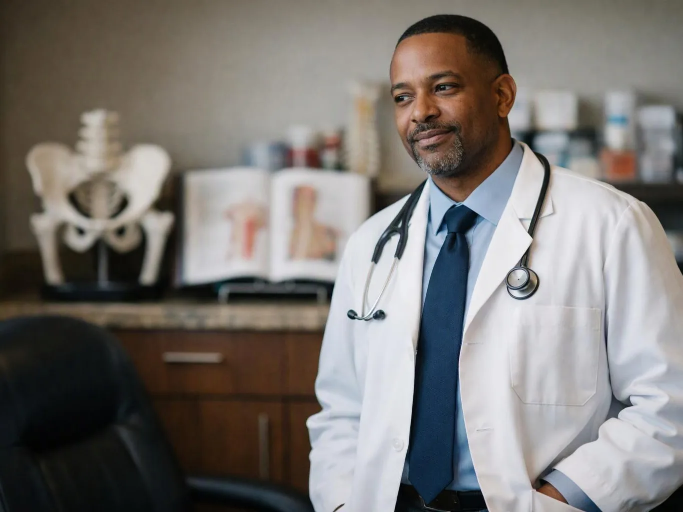A doctor in a white coat stands in an exam room, with a skeleton model and anatomy books behind him