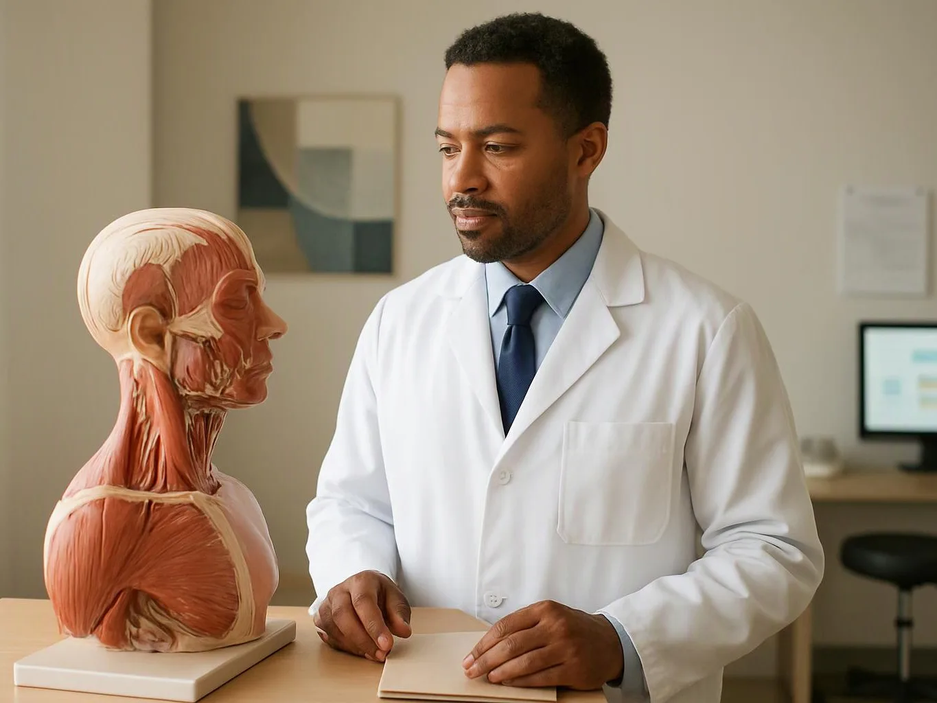 A doctor in a white coat studies a human anatomy model on a desk in a clinic room
