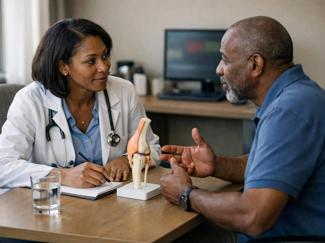 A doctor in a white coat talks with a man across a desk beside a knee model