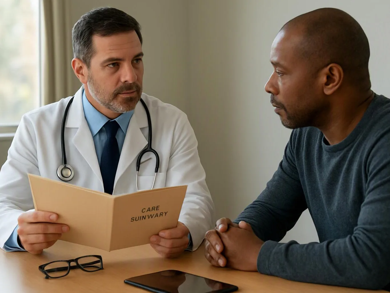 Doctor in a white coat talks with a man across a desk while holding a care booklet