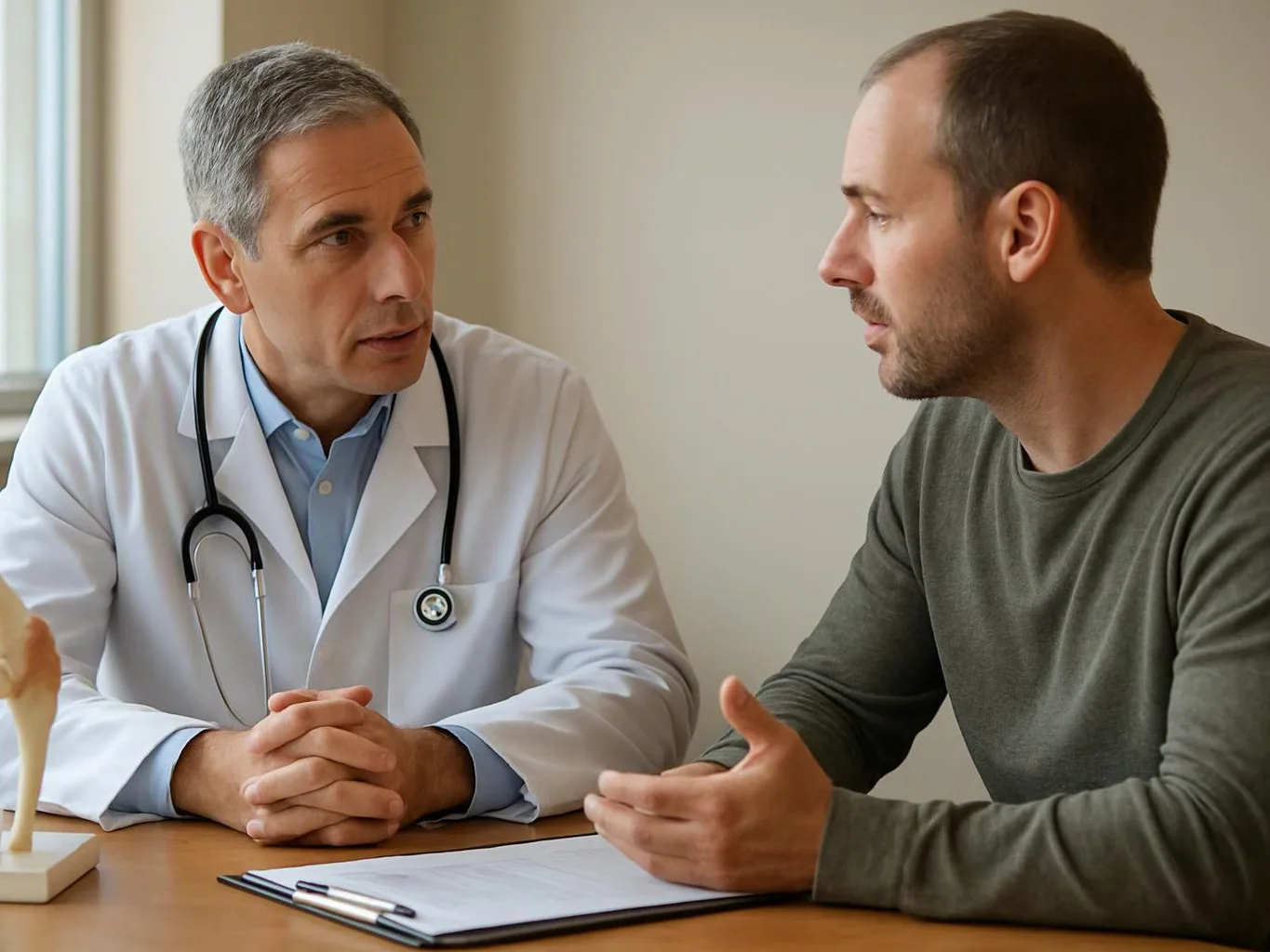 A doctor in a white coat talks with a patient across a desk in a clinic room