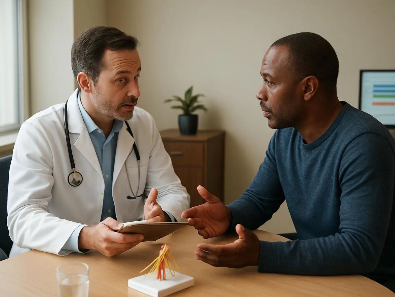 A doctor in a white coat talks with a seated man across a desk in a clinic room