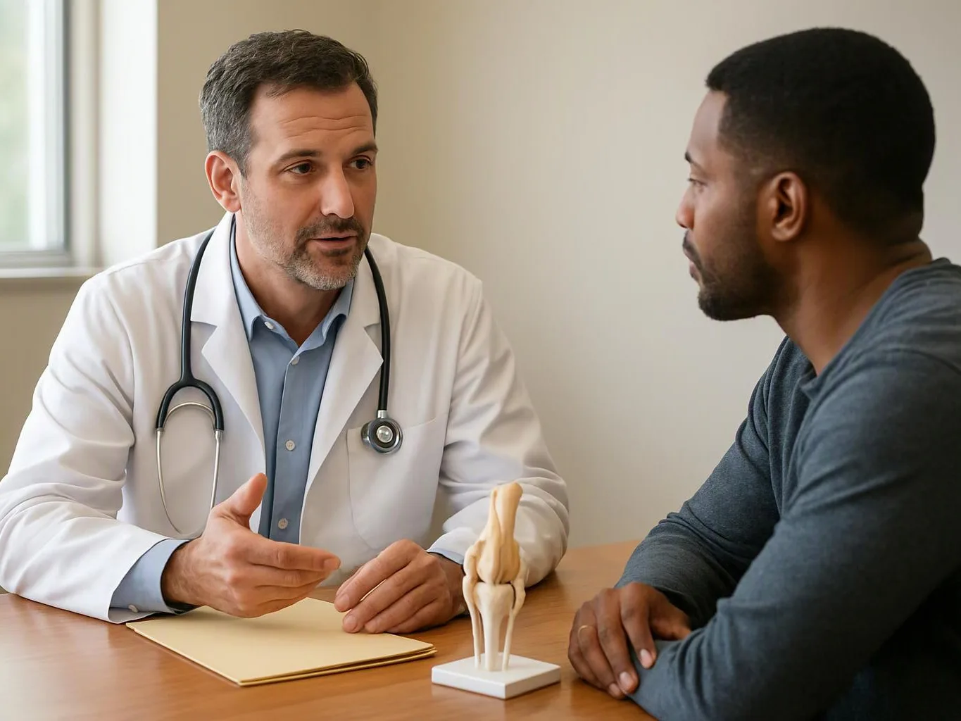 A doctor in a white coat talks with a seated man across a desk, with a knee model between them