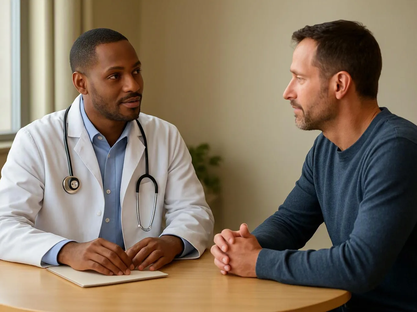 A doctor in a white coat talks with a seated man across a table in a calm office