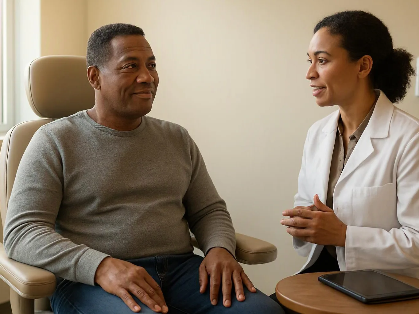 A doctor in a white coat talks with a seated man in a bright exam room