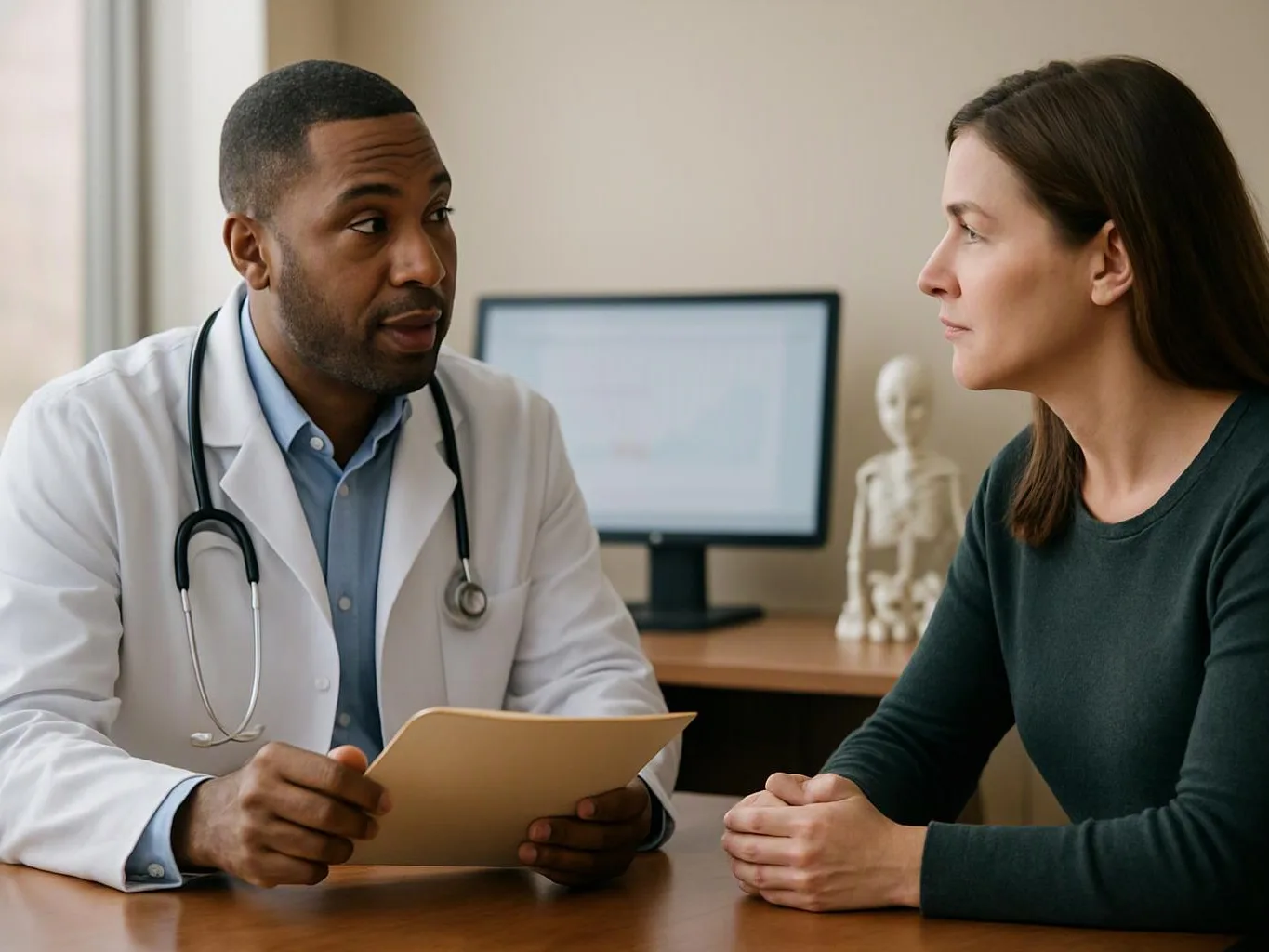 A doctor in a white coat talks with a woman across a desk in an exam room