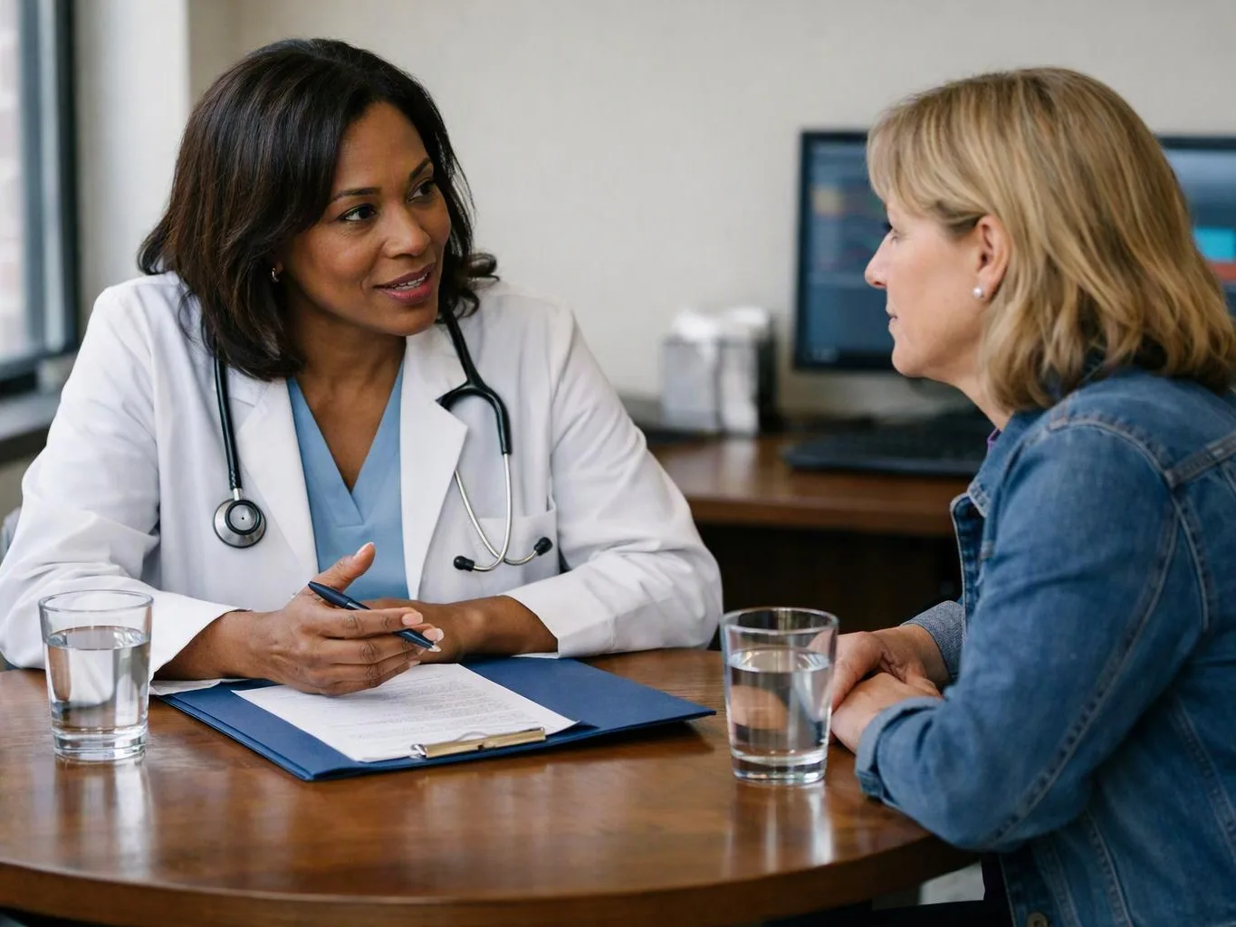 A doctor in a white coat talks with a woman across a table in a clinic office