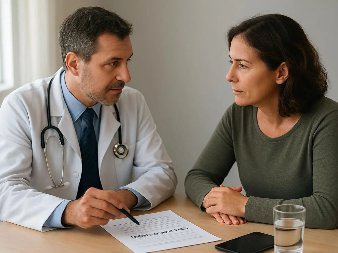 Doctor in a white coat talks with a woman across a table, with a paper, phone, and glass of water nearby