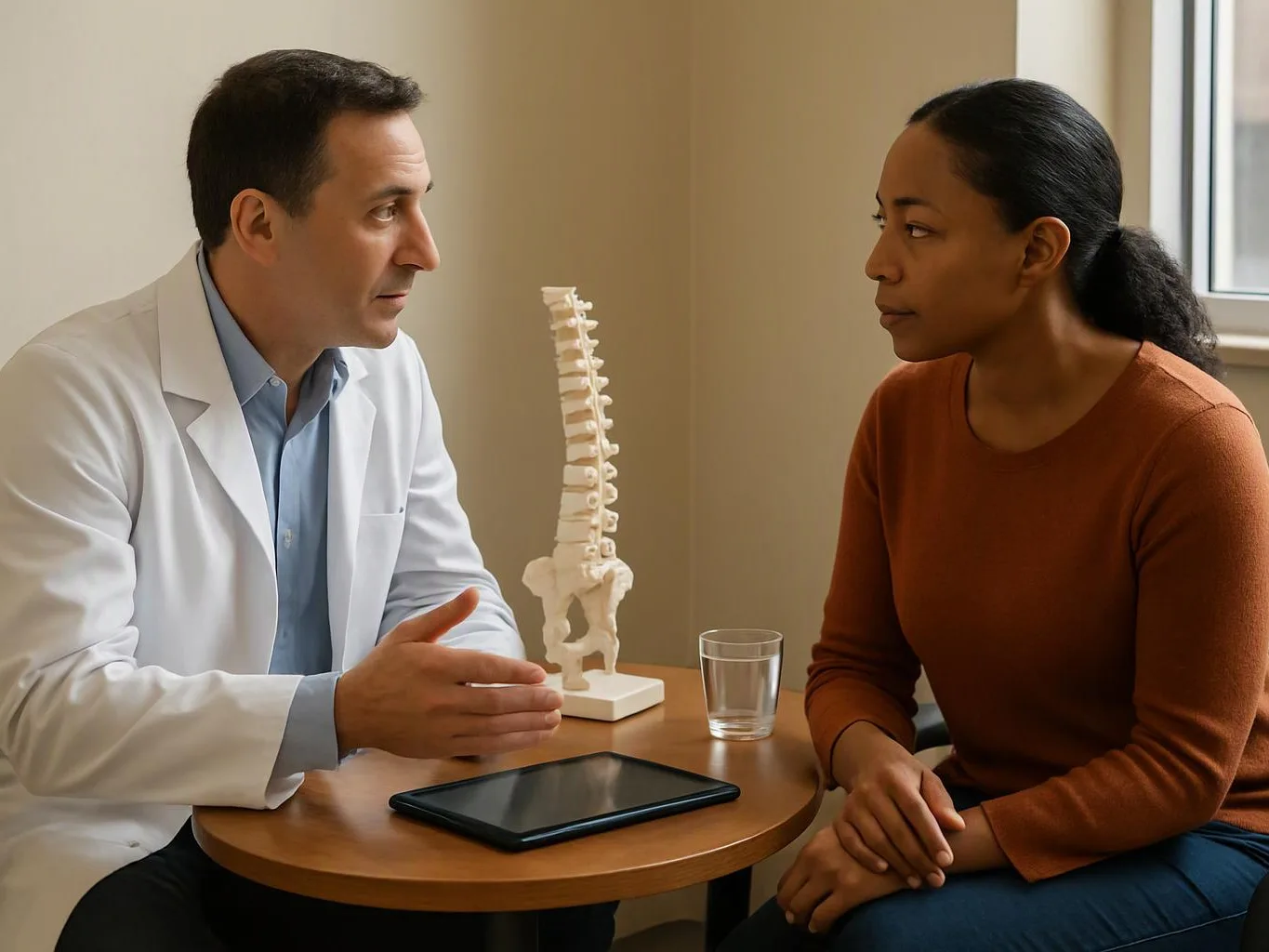 A doctor in a white coat talks with a woman at a small table, with a spine model, glass, and tablet between them