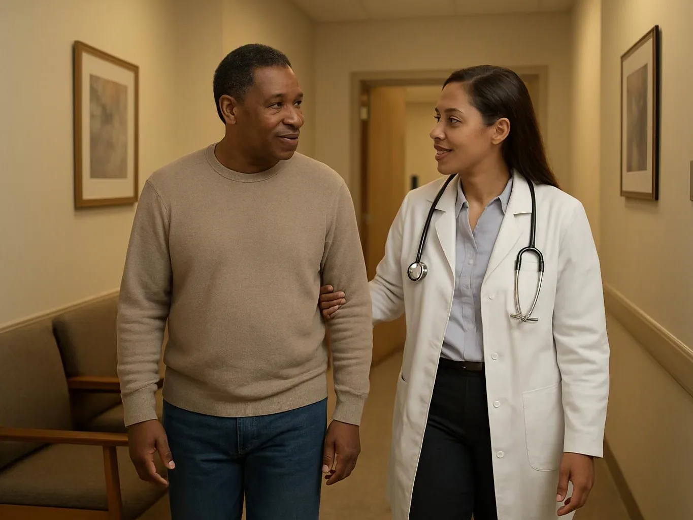 A doctor in a white coat walks with a man down a quiet hallway while they talk