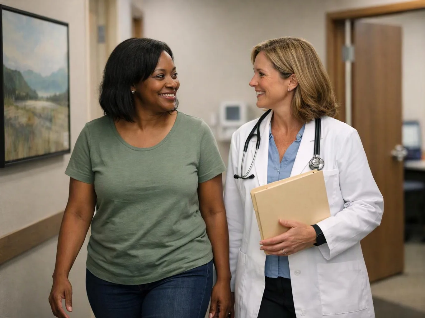 A doctor in a white coat walks with a smiling woman through a clinic hallway