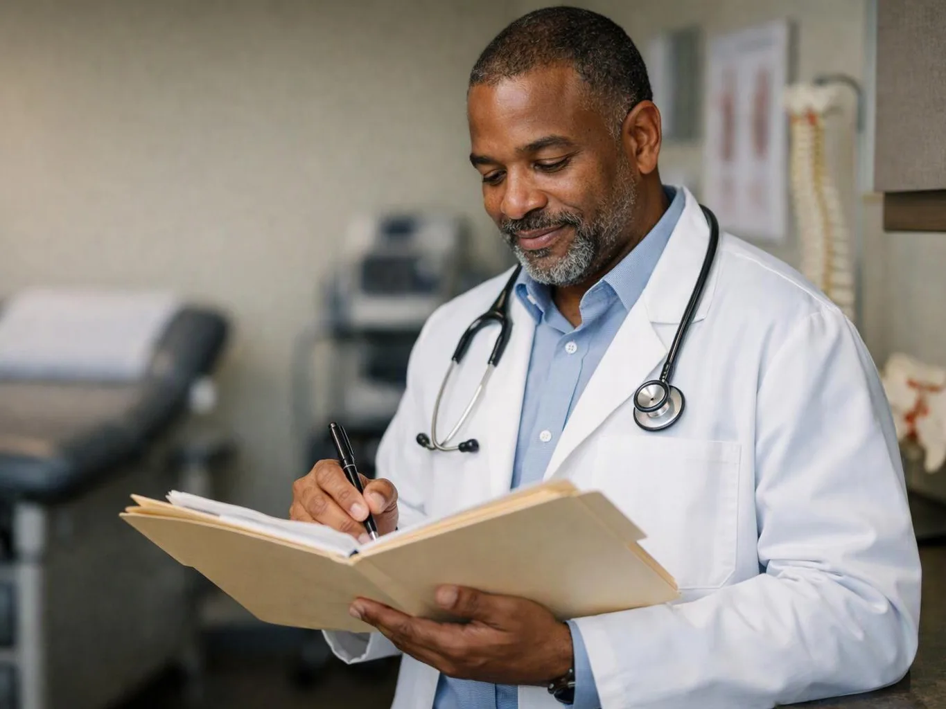 A doctor in a white coat writes in a folder inside an exam room