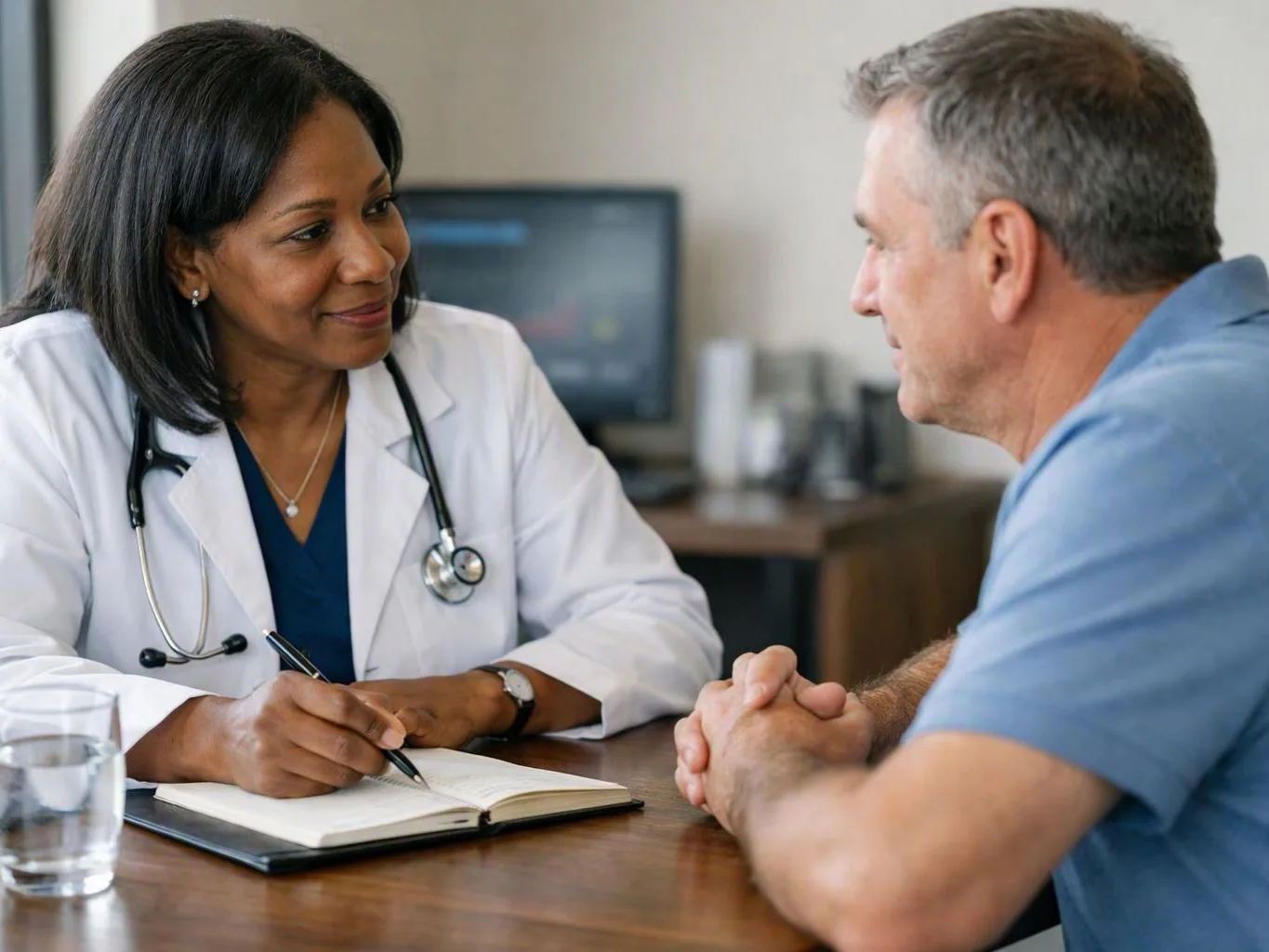 A doctor in a white coat writes notes while talking with a man across a desk in an exam room