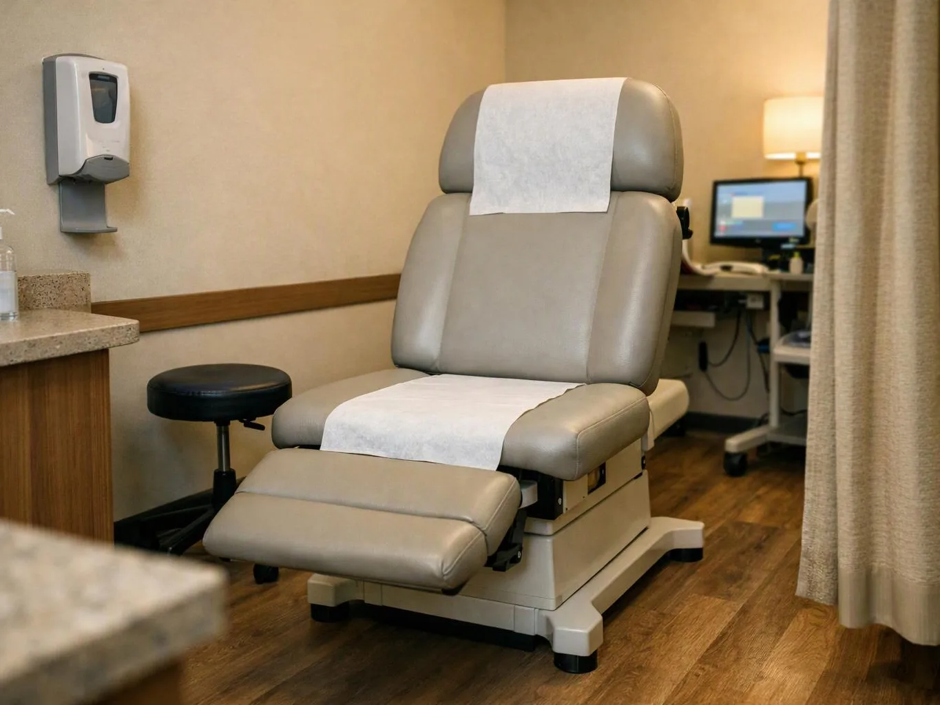 An empty exam chair with paper covers sits in a medical room beside a stool and computer monitor