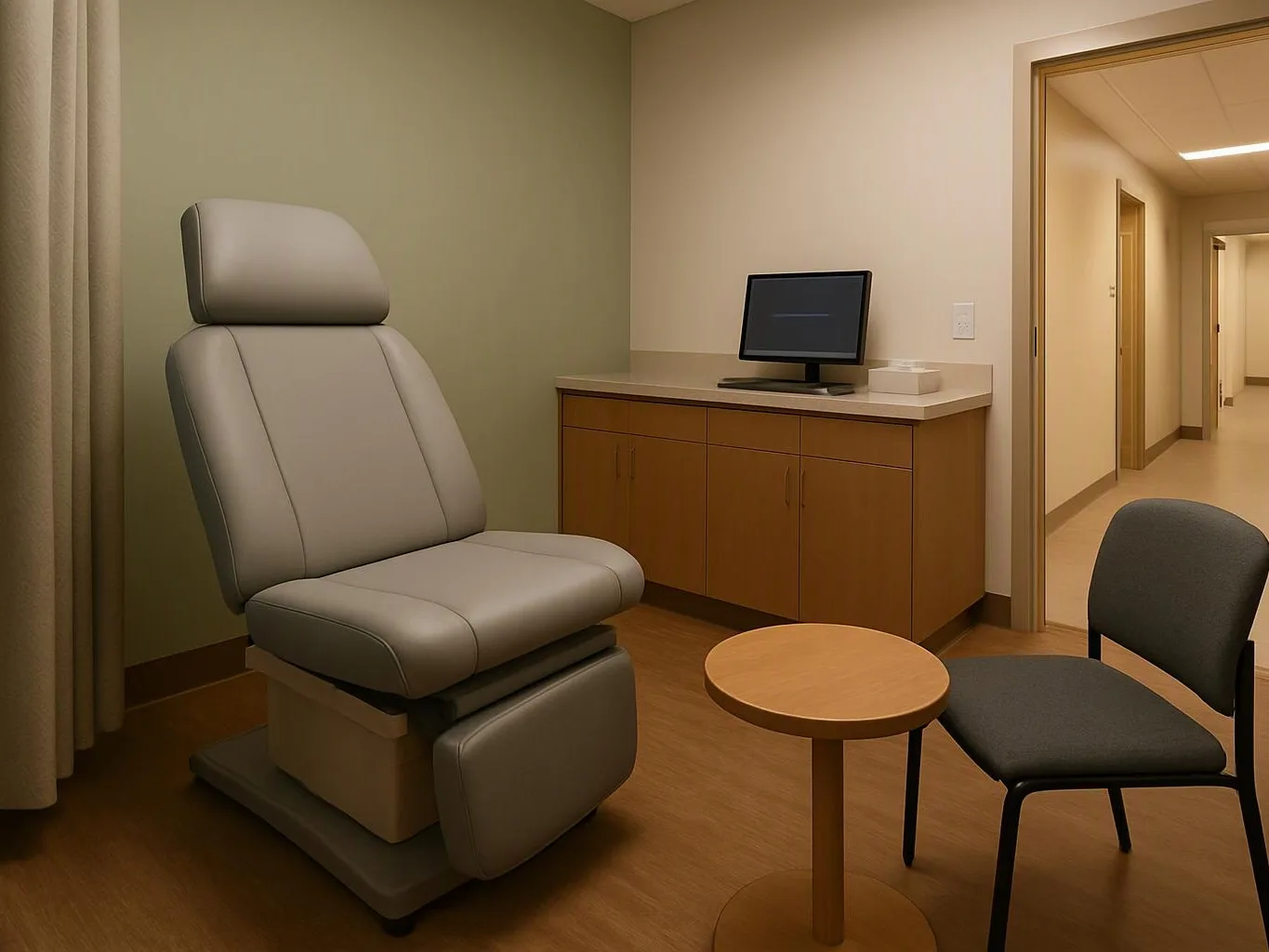 An empty exam room with a padded chair, small table, cabinet, monitor, and hallway doorway