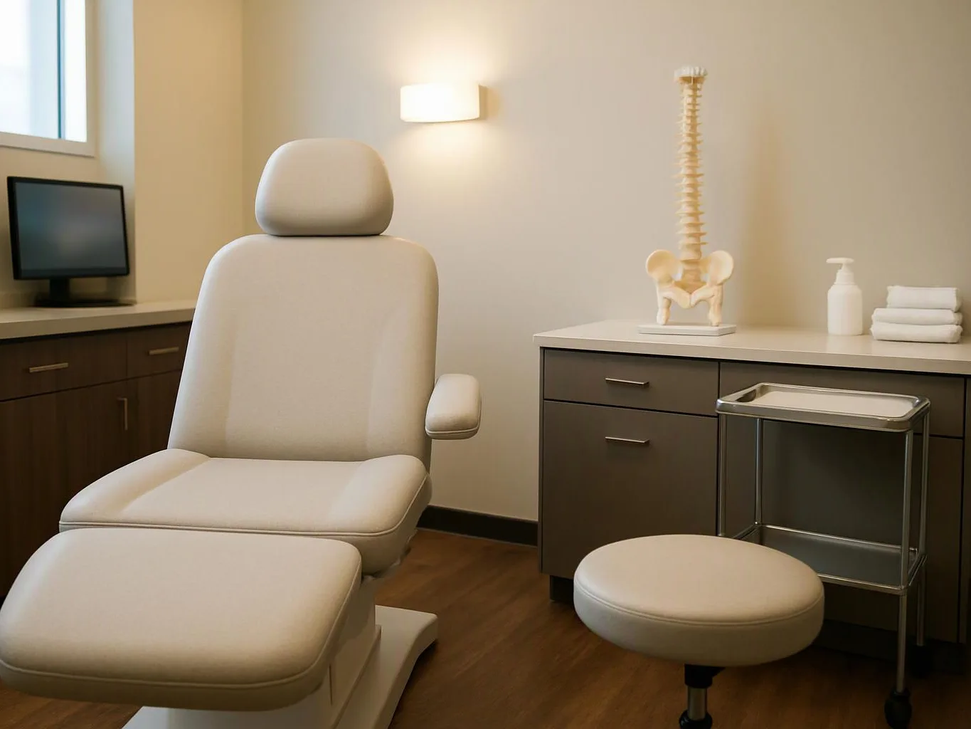 An empty exam room shows a padded treatment chair, a spine model, cabinets, and medical supplies