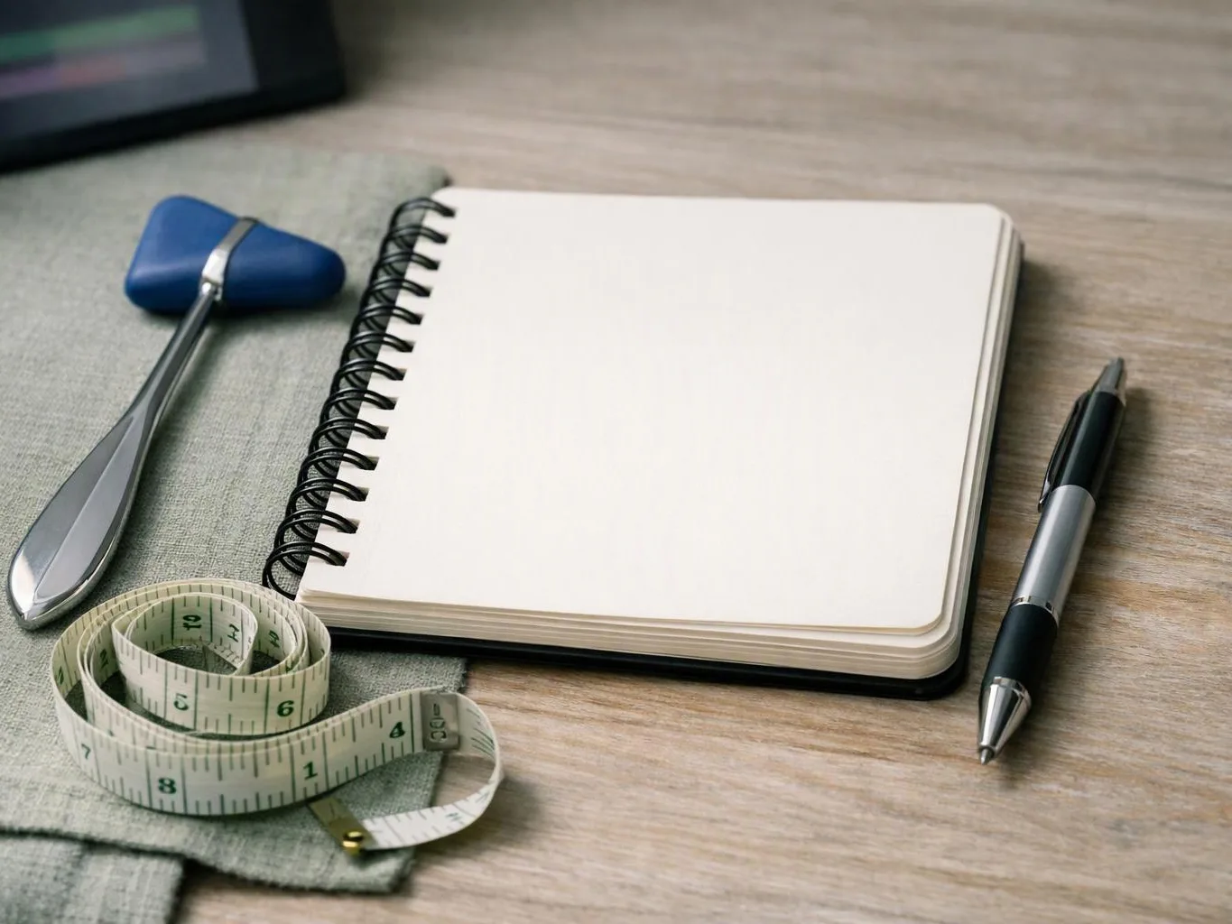 An empty spiral notebook sits on a desk beside a pen, measuring tape, and blue-handled tool
