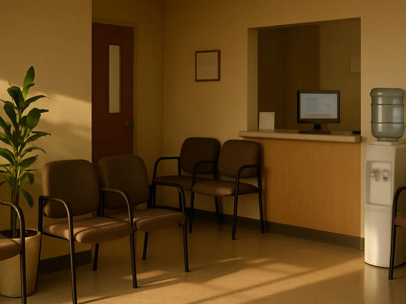 Empty waiting room with brown chairs, a potted plant, reception desk, and water cooler in warm sunlight