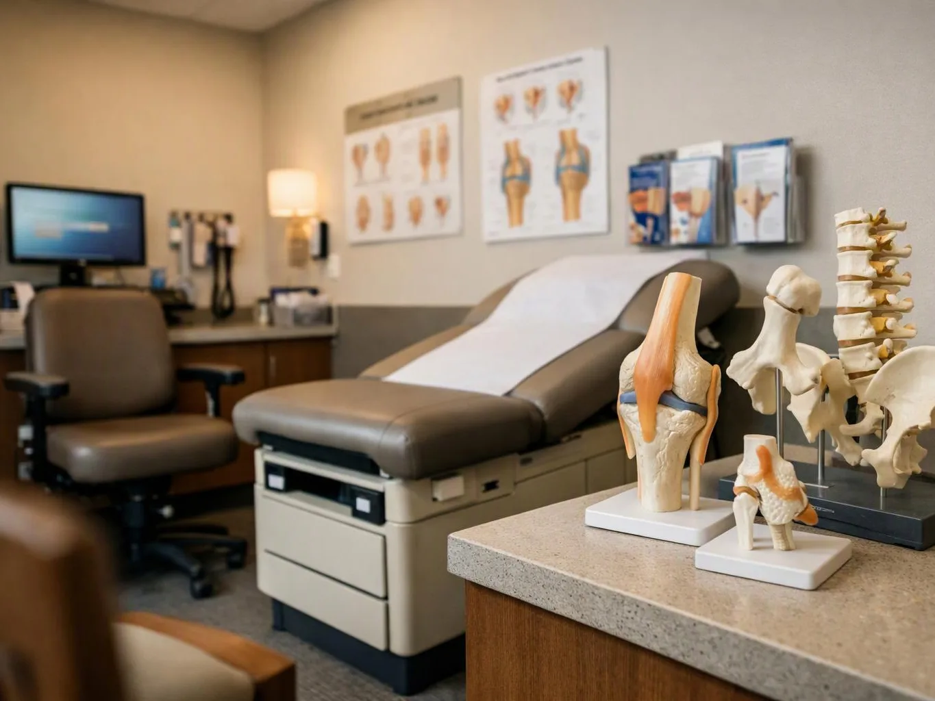 An exam room shows a treatment table, chair, anatomy models, and medical posters on beige walls