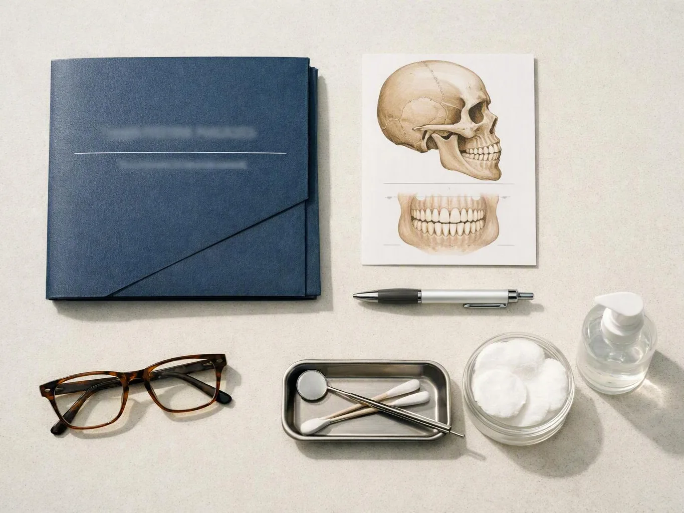 A flat lay shows a blue folder, skull dental chart, pen, glasses, cotton pads, dental tools