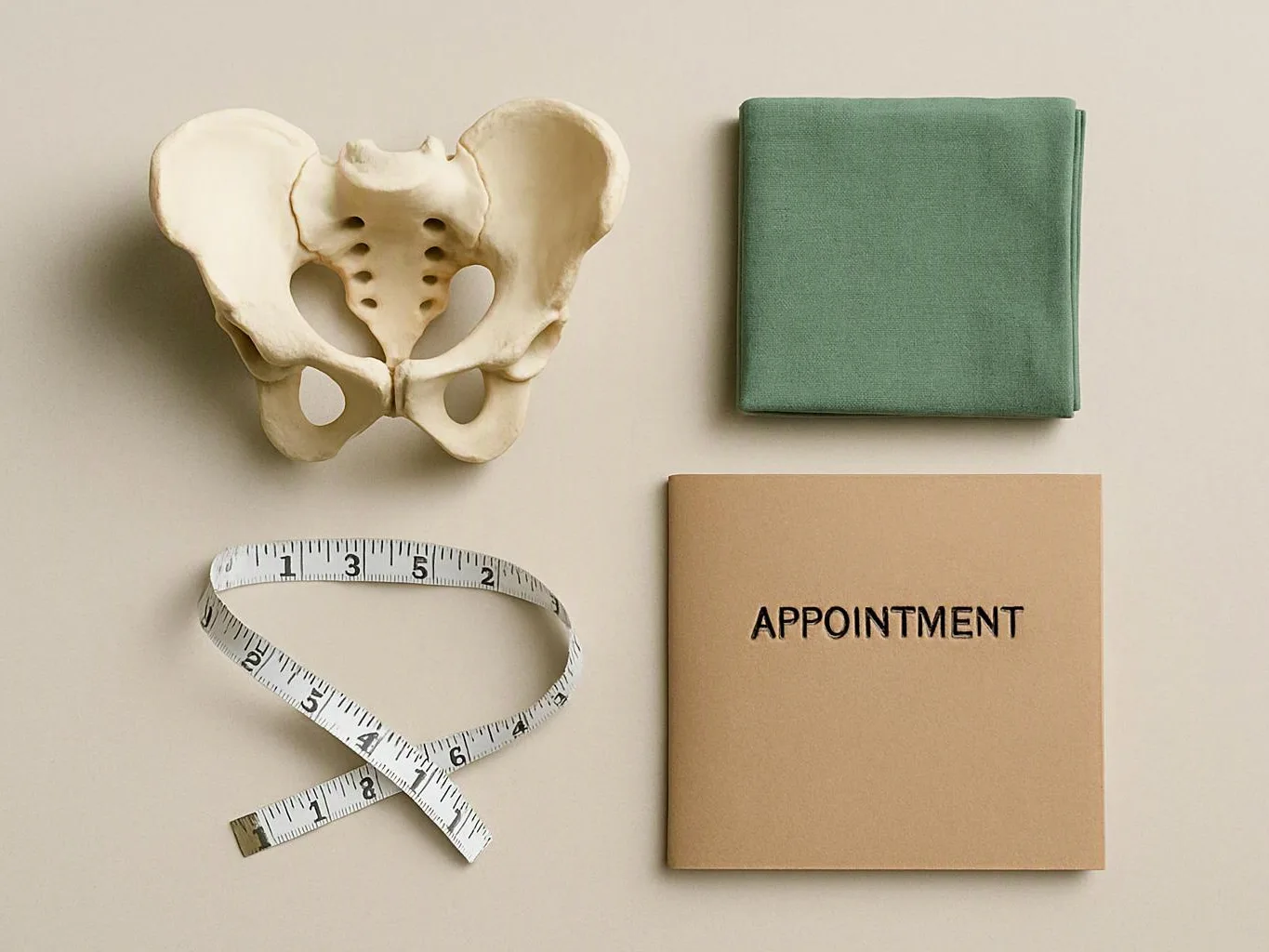 A flat lay shows a pelvic bone, a measuring tape, a green folded cloth, and a tan appointment booklet