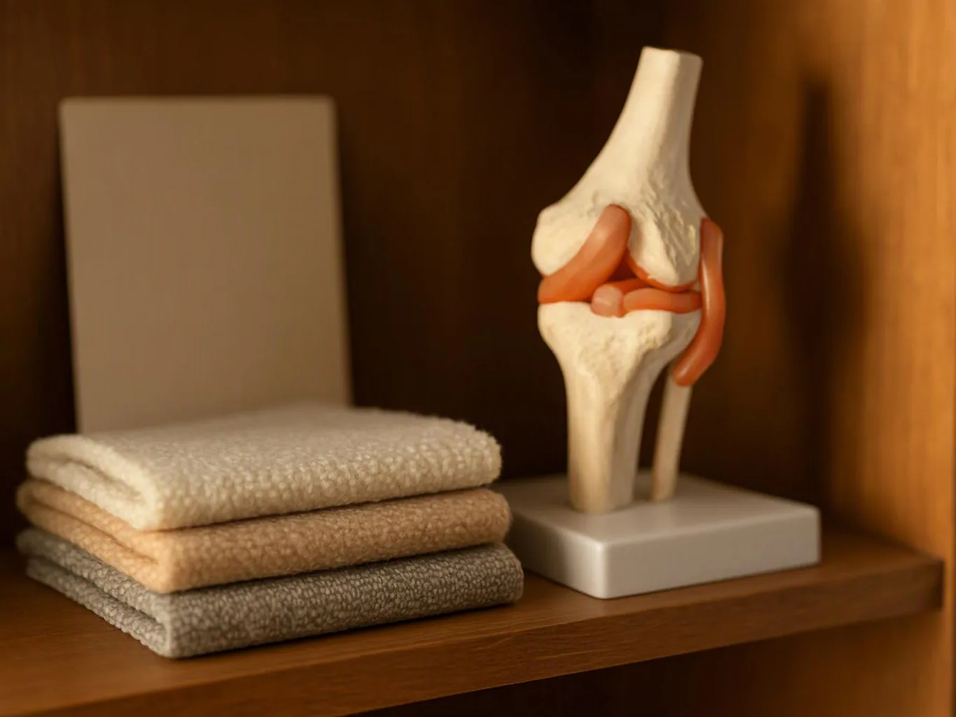 Folded towels sit beside a knee joint model on a wooden shelf