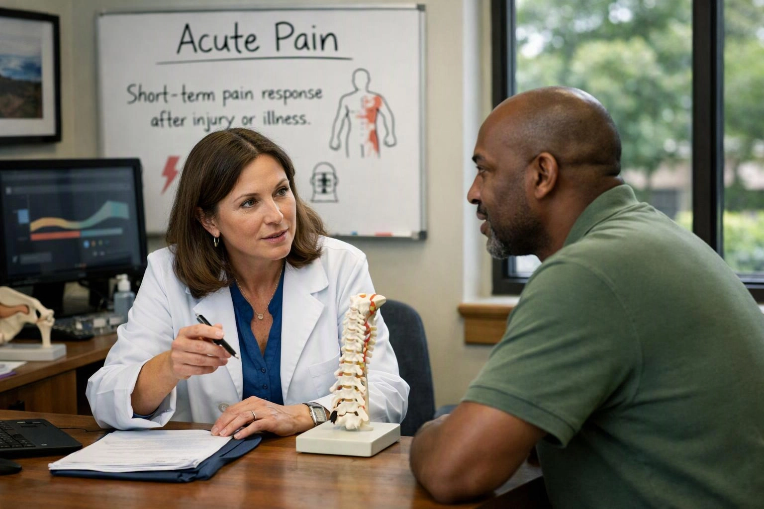 A doctor in a white coat talks with a seated man beside a spine model in an office