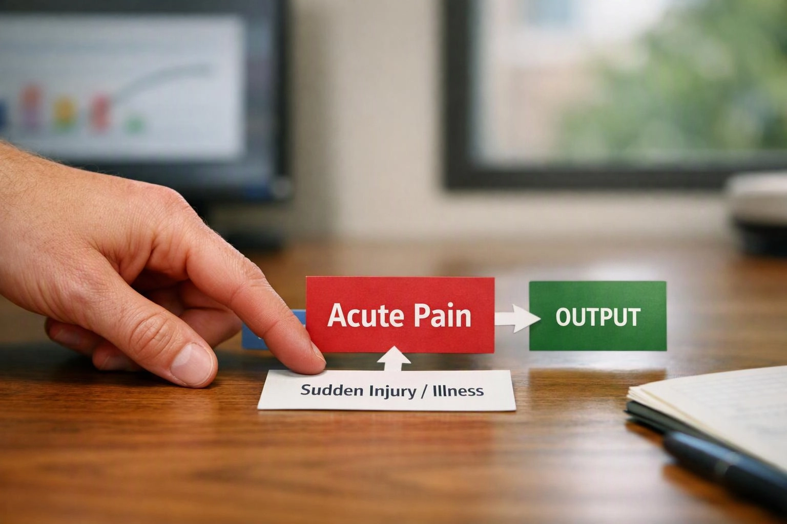 A hand points at a red card labeled Acute Pain above a white Sudden Injury / Illness card on a desk