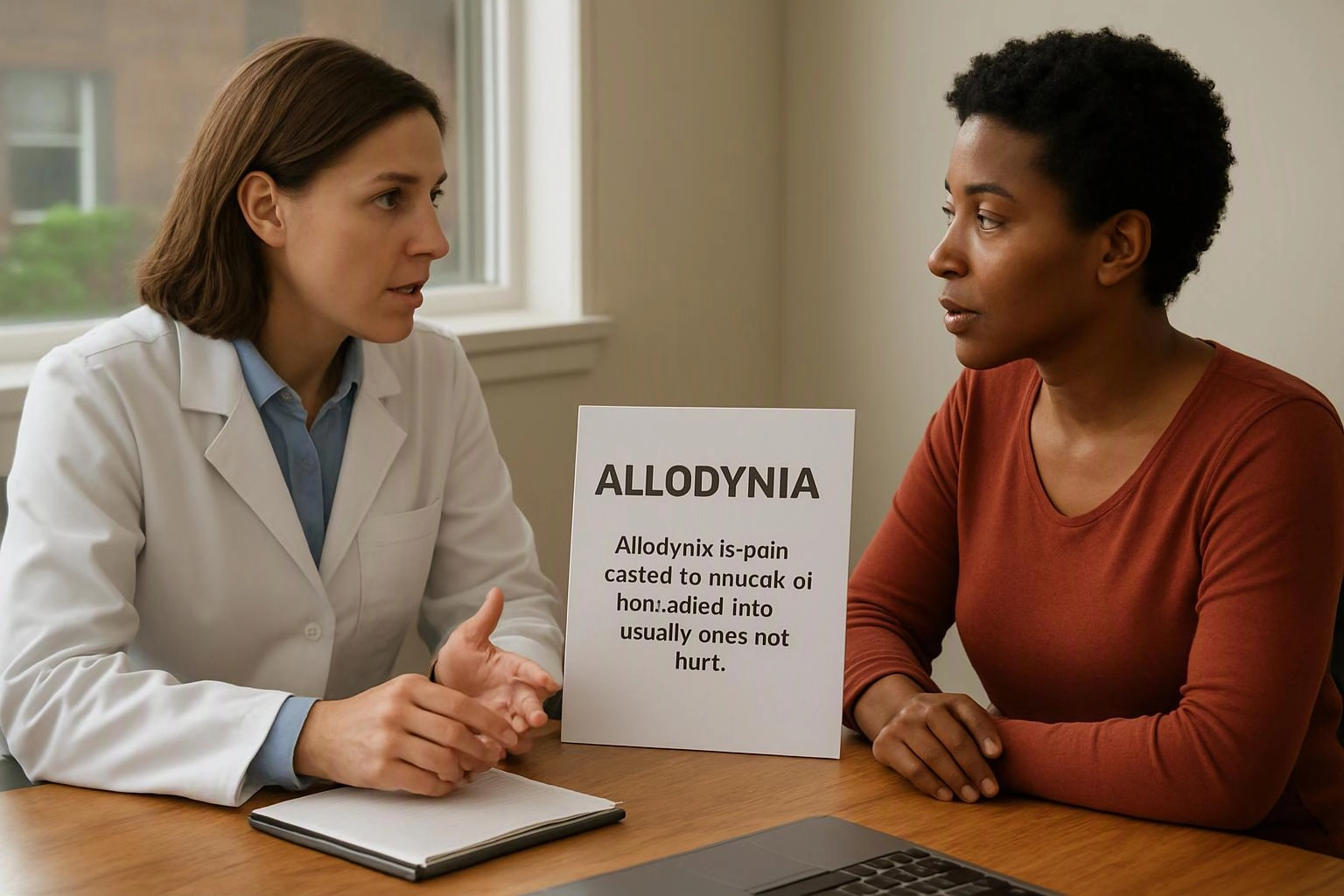 A doctor explains a pain condition to a seated woman beside a sign reading “ALLODYNIA”