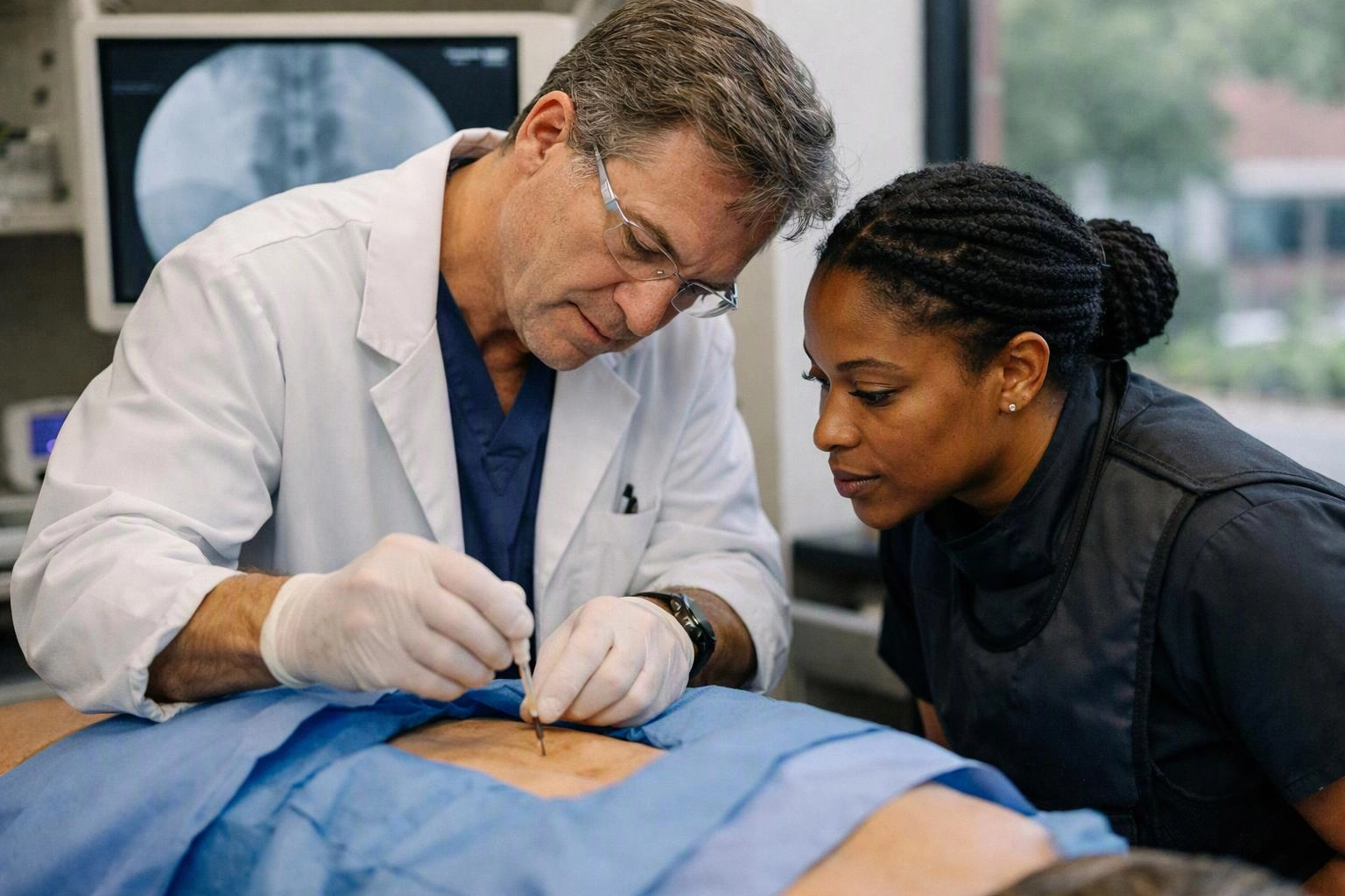 A doctor in gloves works on a patient’s exposed abdomen while a woman watches closely in a clinic room