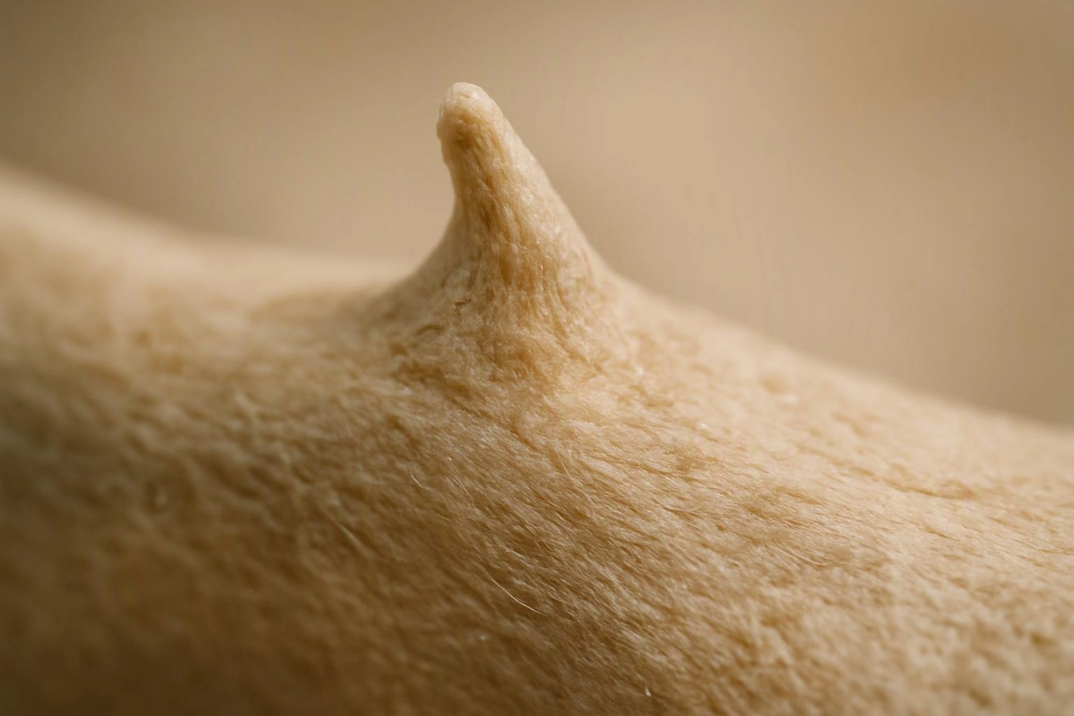 A close-up shows a raised dog nipple on tan fur against a blurred beige background