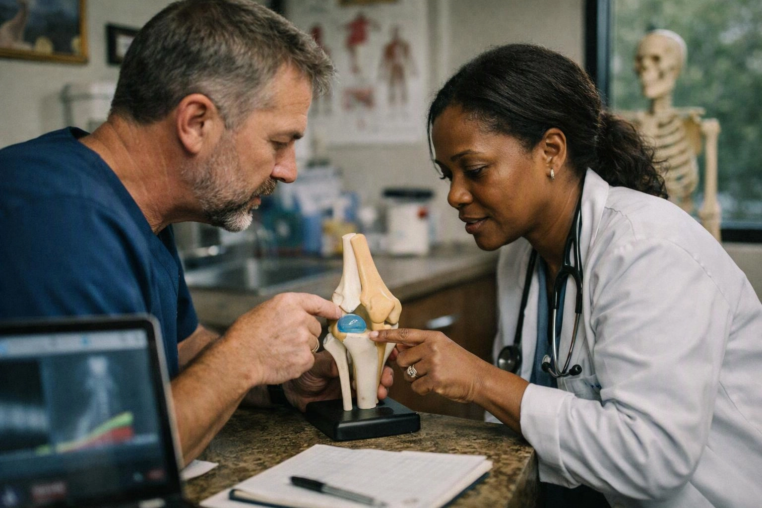 A doctor and a man study a knee joint model together in a clinic exam room
