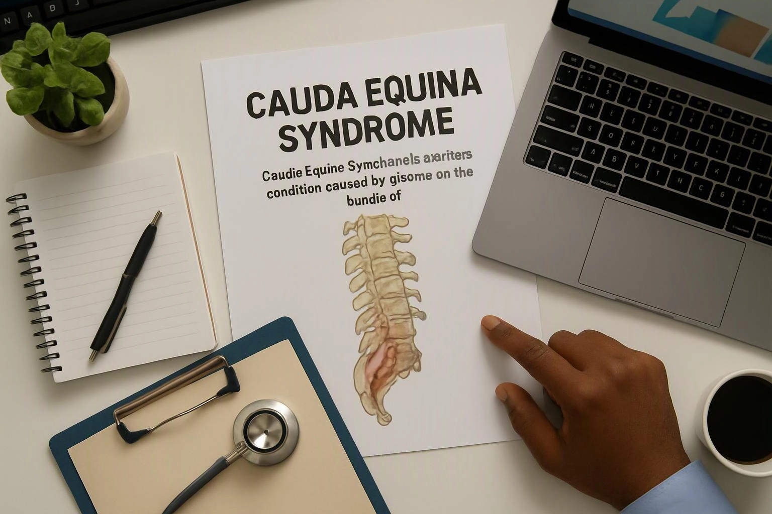 A hand points at a medical flyer about cauda equina syndrome on a desk with a laptop, notebook, clipboard, stethoscope