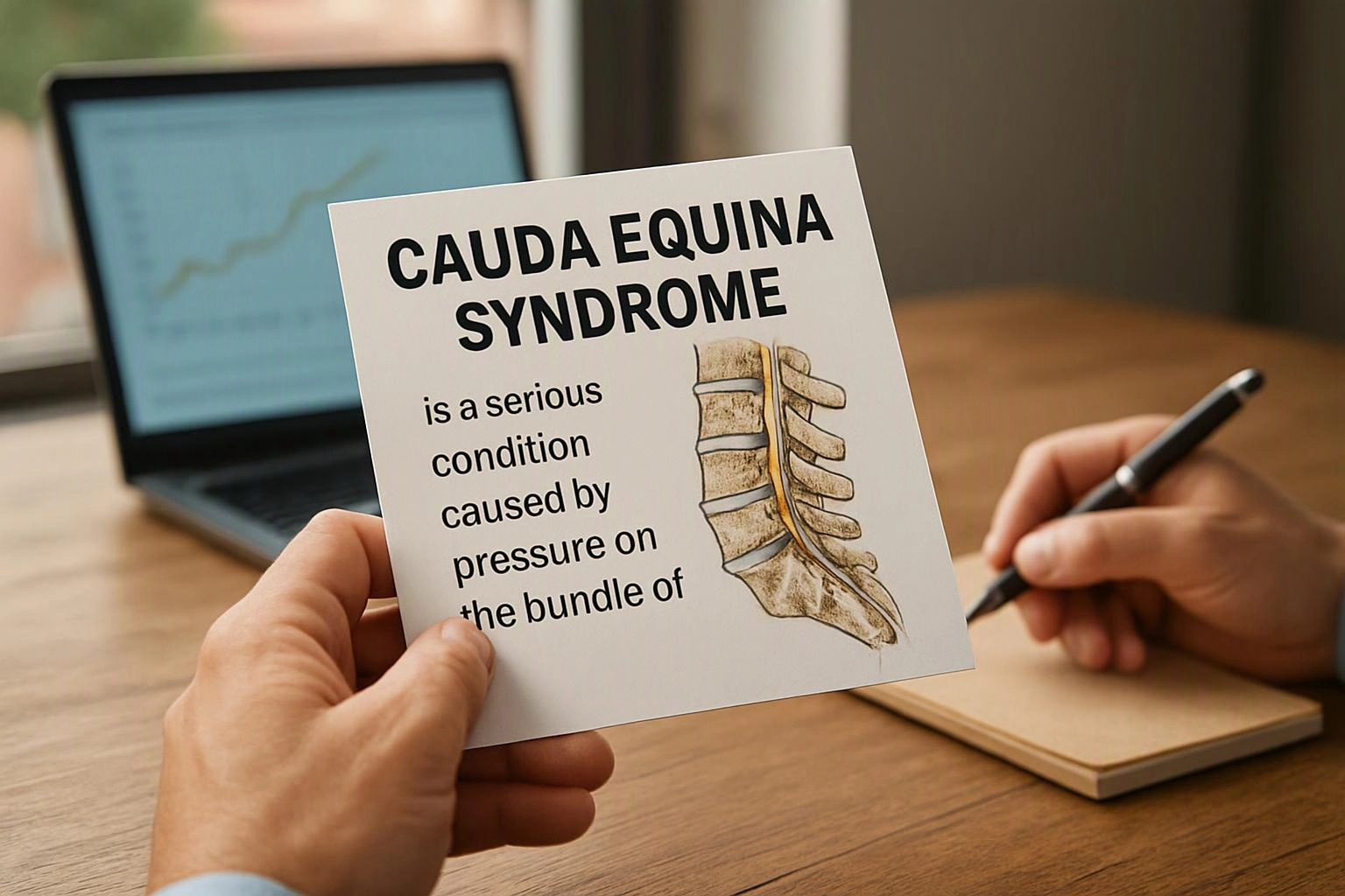 A hand holds a medical card about cauda equina syndrome beside a laptop and a notebook on a desk