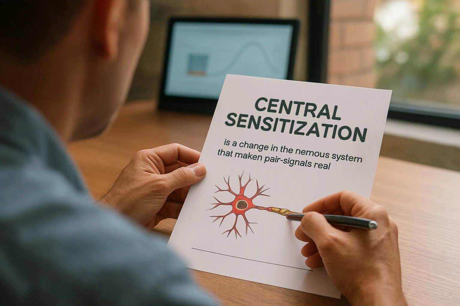 A person holds a printed card about central sensitization and points at a neuron illustration with a pen