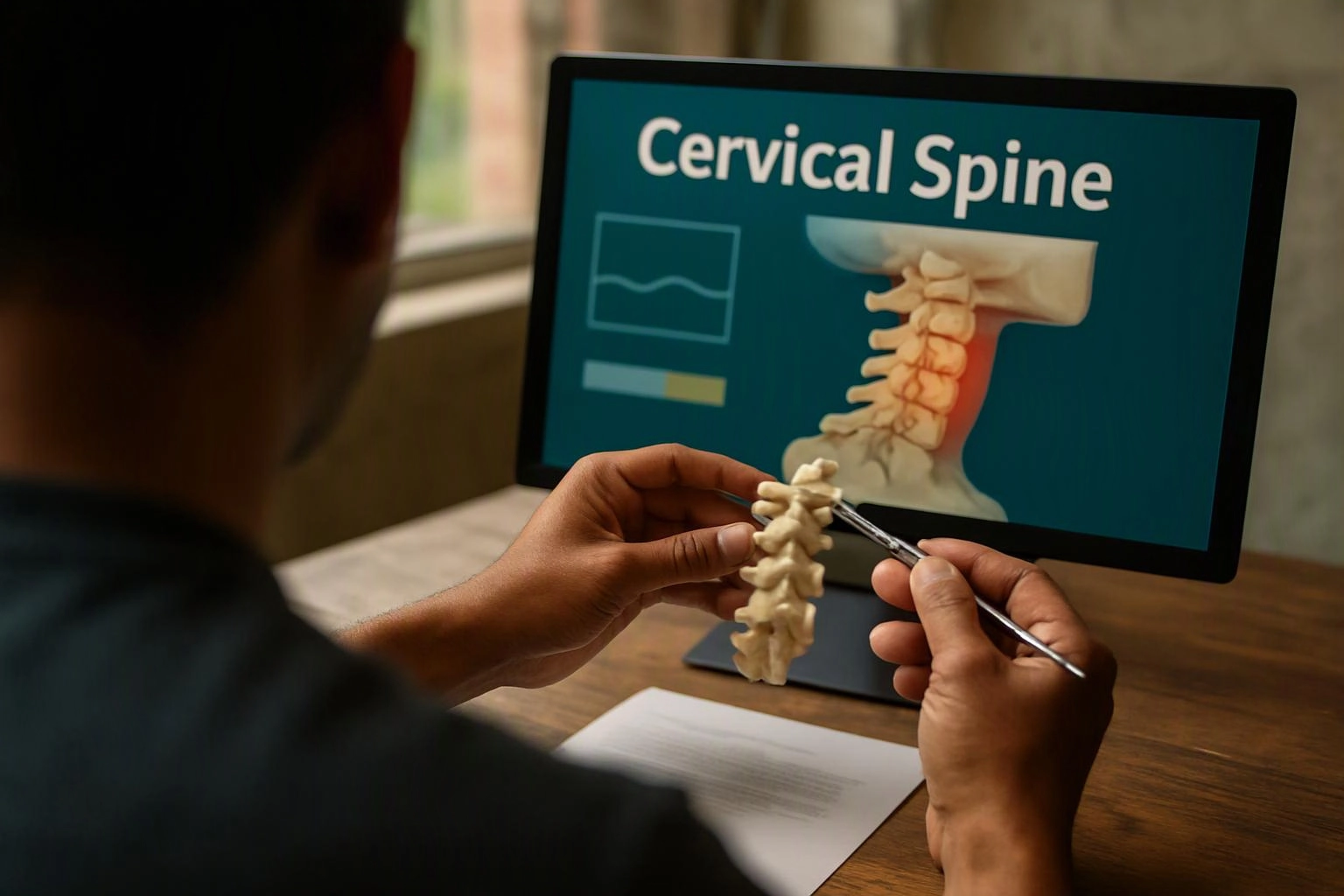 A person examines a small spine model beside a monitor showing a cervical spine diagram