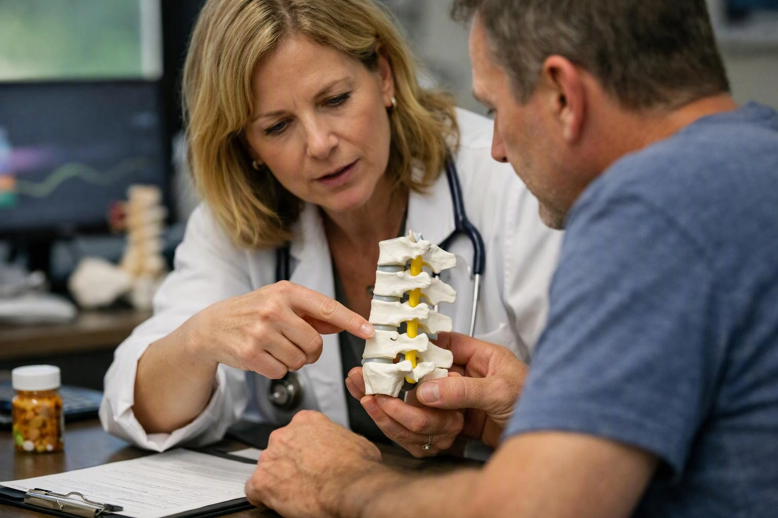 A doctor points to a spine model while talking with a seated man at a desk