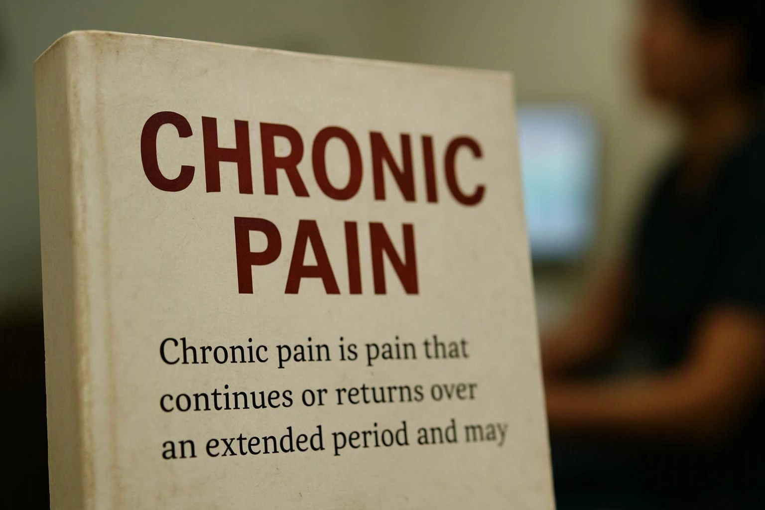 A book cover titled “CHRONIC PAIN” stands in the foreground with a blurred person and screen behind it