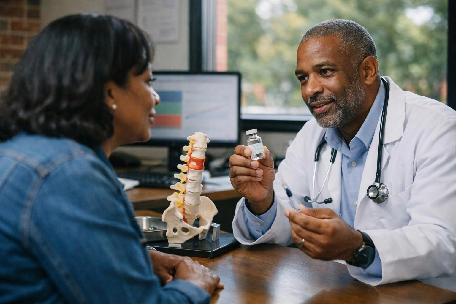 A doctor in a white coat shows a spine model and a small vial to a woman across a desk