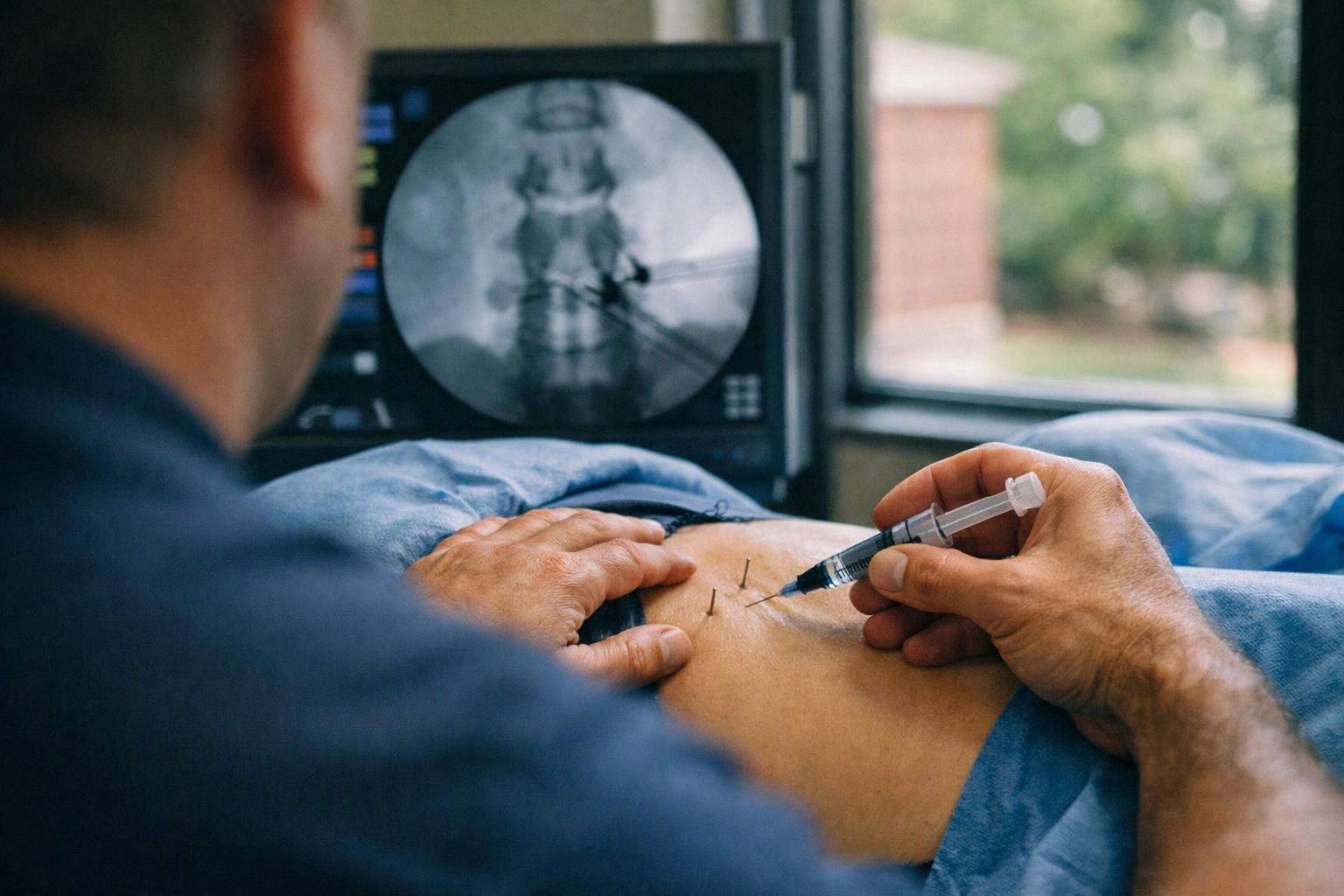 A clinician injects a patient’s back while a medical monitor shows a spinal X-ray
