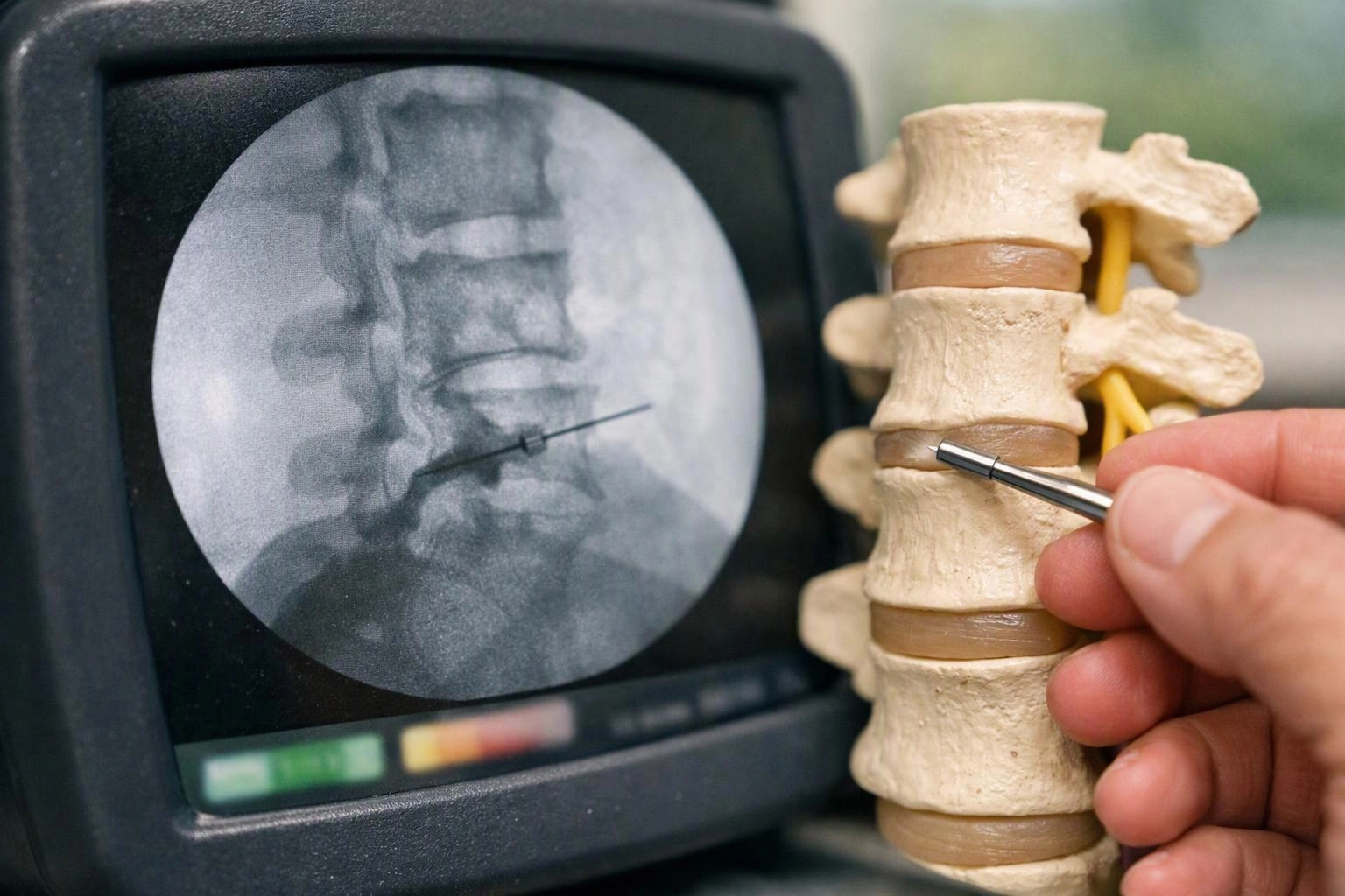 A hand points at a spine model beside a monitor showing a spinal X-ray