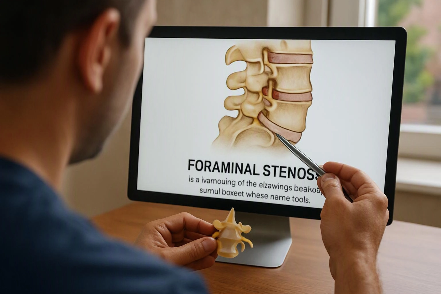 A man points at a spine diagram on a monitor while holding a small vertebra model at a desk